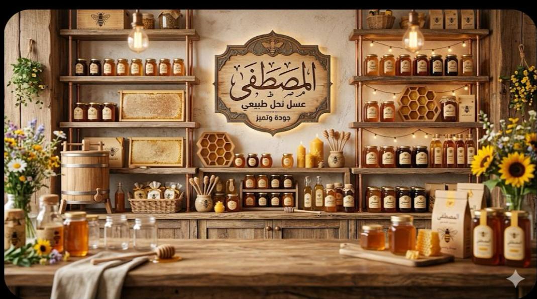 عسل ذهبي يتقاطر من ملعقة خشبية